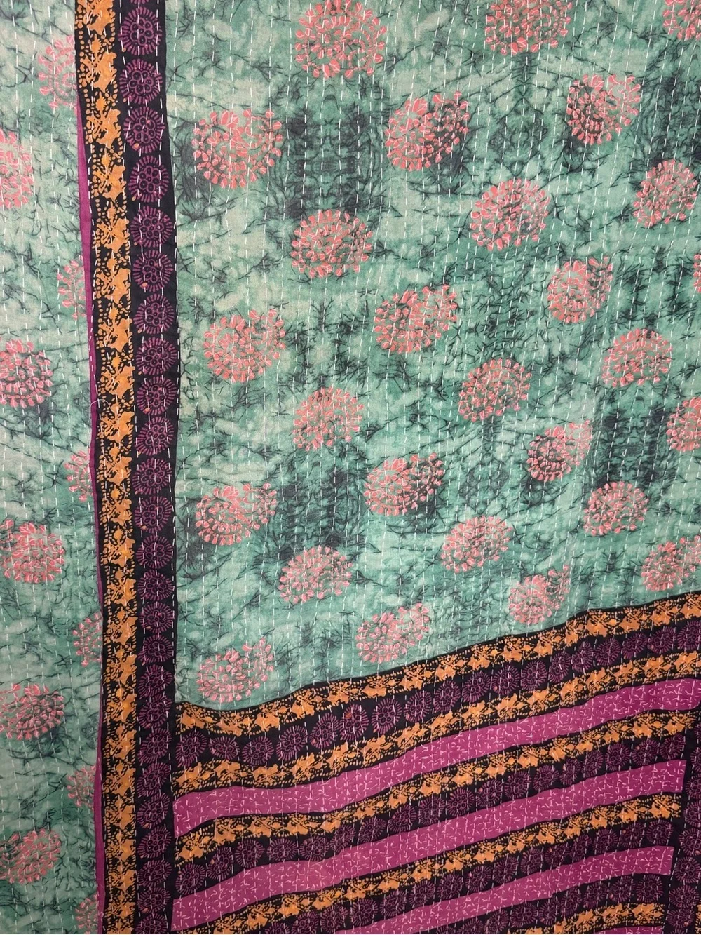 Vintage Handmade Printed Kantha Quilt India Sari Throw Blanket Twin 52x80